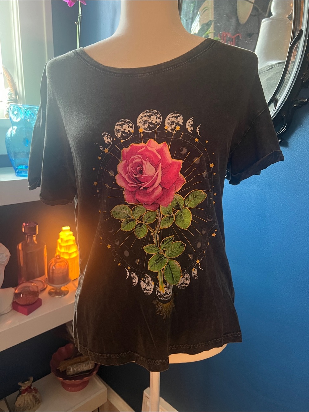 Rebellious One Black Tee with Pink Rose & Green Leaves Graphic